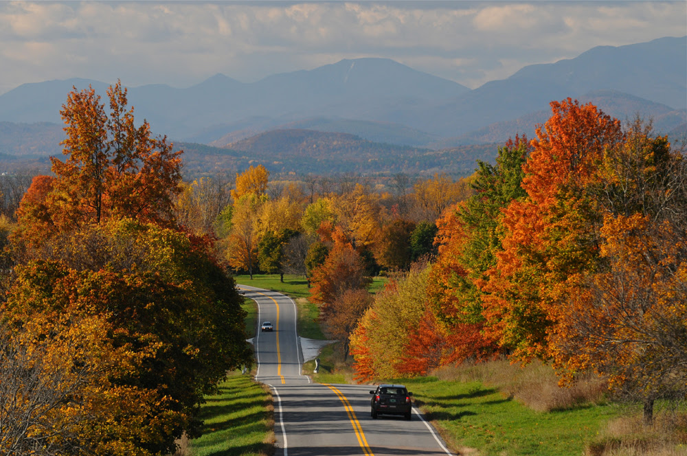 Fall foliage along Bostwick Road in Shelburne, Vermont.